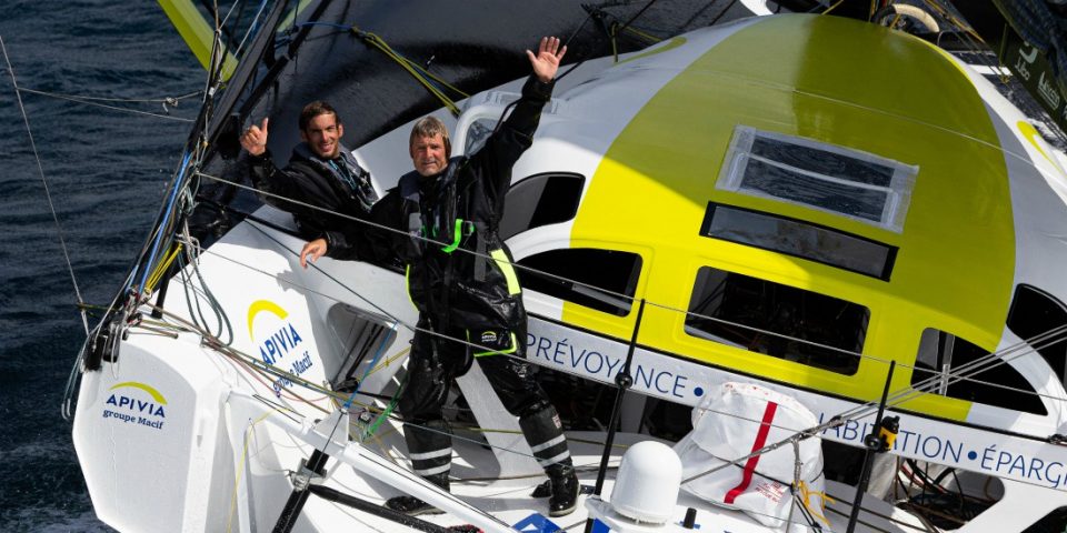 OFF PENMARC'H - SEPTEMBER 5: French skippers Charlie Dalin and Yann Elies are sailing on the Imoca Apivia, training prior to the Transat Jacques Vabre, on September 5, 2019, off Penmarc'h, South Brittany, France. (Photo by Jean-Marie Liot / Alea / Apivia)