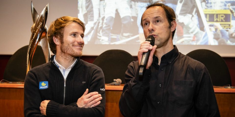 REMISE DU TROPHEE ANTOINE DE SAINT-EXUPERY. AU COTE DE FRANCOIS GABART, LE NAVIGATEUR THOMAS COVILLE REPOND AUX QUESTIONS DU PUBLIC APRES LA REMISE DU TROPHEE. PARIS, FRANCE, LE 8 FEVRIER 2019.