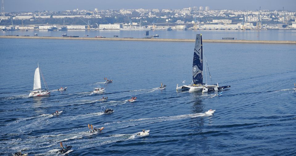 BREST ATLANTIQUES 2019, de Brest à Brest, via Rio de Janeiro & Cap-Town, sans escale. Arrivée victorieuse de Maxi Edmond de Rothschild, Charles Caudrelier, Franck Cammas, Yann Riou. Brest, mercredi 4 décembre 2019. temps: