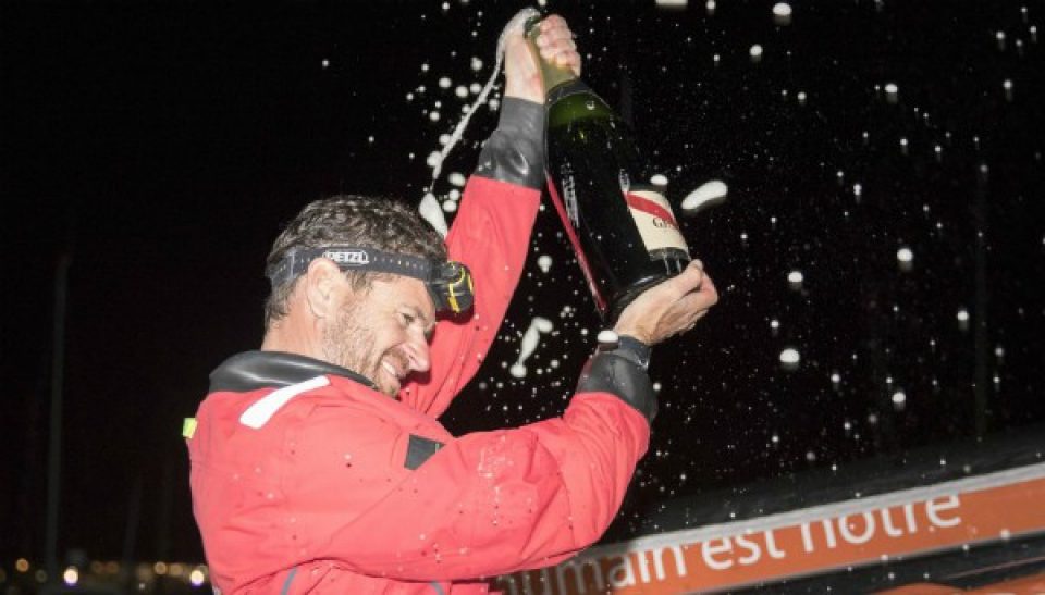 Anthony Marchand (Groupe Royer-Secours Populaire) vainqueur de la 1ere etape de la Solitaire URGO Le Figaro entre Le Havre et Saint Brieuc - le 29/08/2018